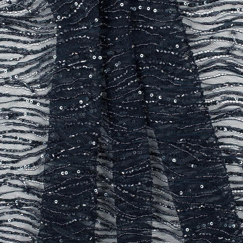 Beaded and Sequined Lace with Scallop Edge - Dark Navy Abstract Detail Beaded and Sequined Lace with Scallop Edge - Dark Navy Abstract Detail