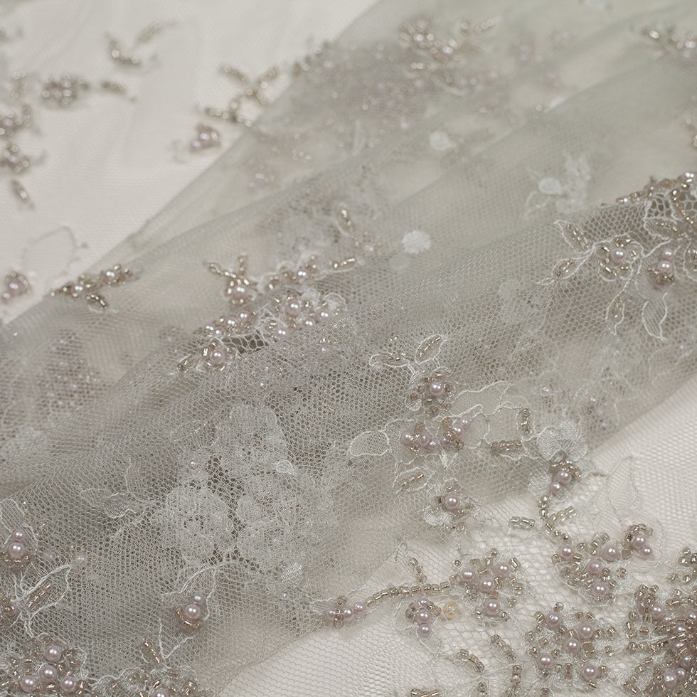 Silver Floral Beaded Lace - Folded Silver Floral Beaded Lace - Folded