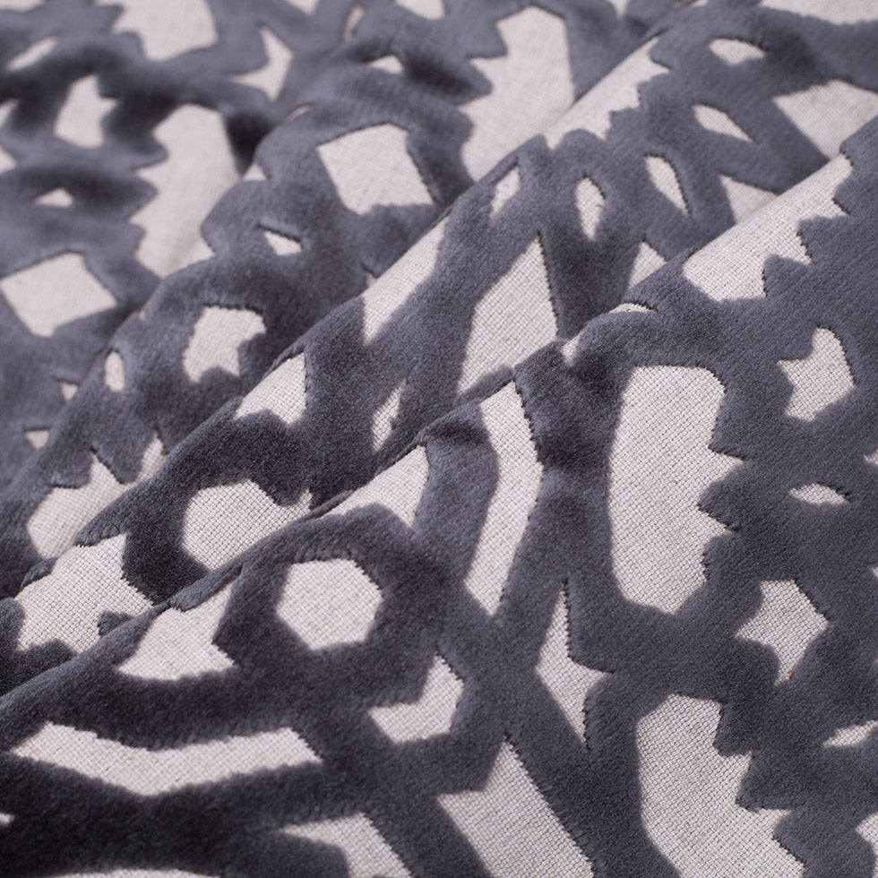 Turkish Gunmetal Geometric Polyester-Acrylic-Flax Flocked Chenille - Folded Turkish Gunmetal Geometric Polyester-Acrylic-Flax Flocked Chenille - Folded