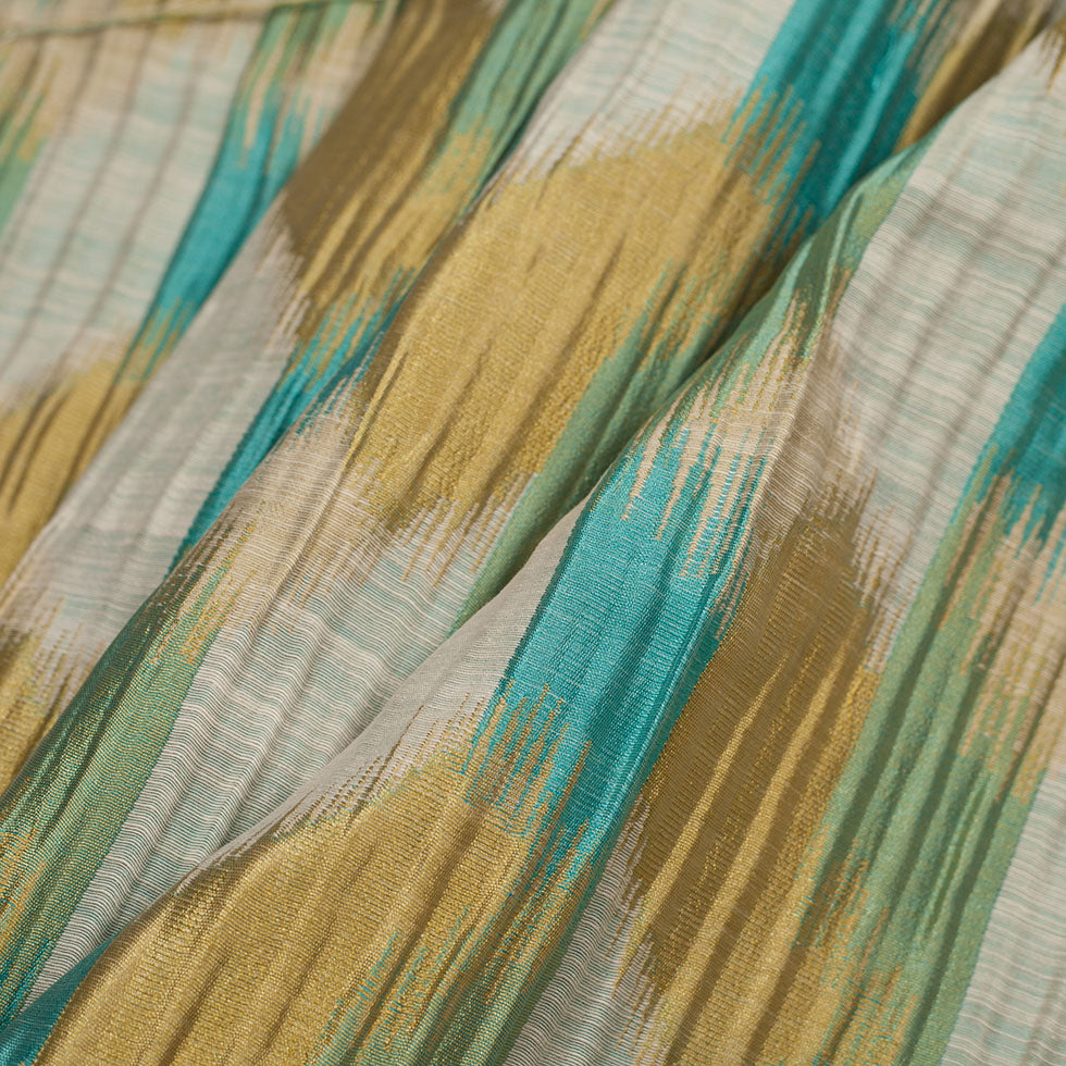 Indian Blue/Gold Ikat-Like Poly/Cotton Brocade - Folded Indian Blue/Gold Ikat-Like Poly/Cotton Brocade - Folded