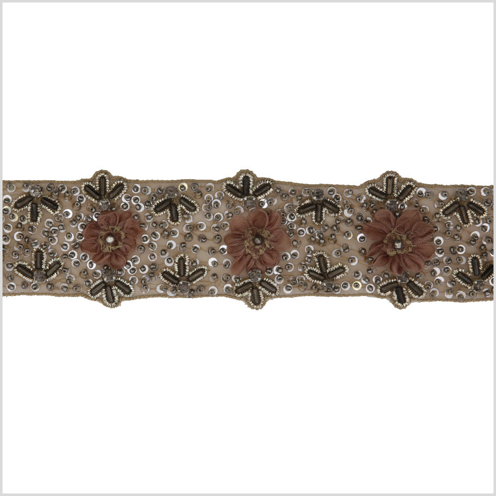 2 Beige Floral Beaded Rhinestone Trim 2 Beige Floral Beaded Rhinestone Trim