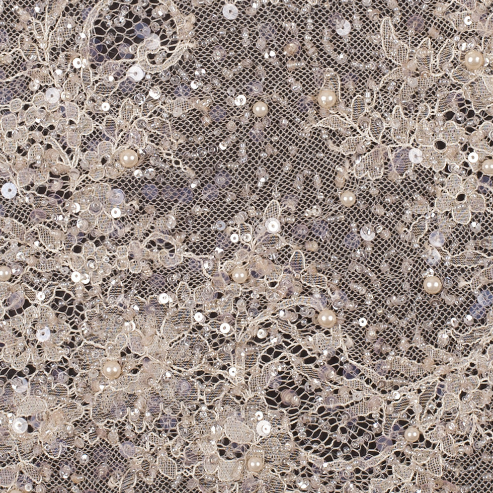 Beaded and Sequined Lace with Scallop Edge - Peach Floral Detail Beaded and Sequined Lace with Scallop Edge - Peach Floral Detail