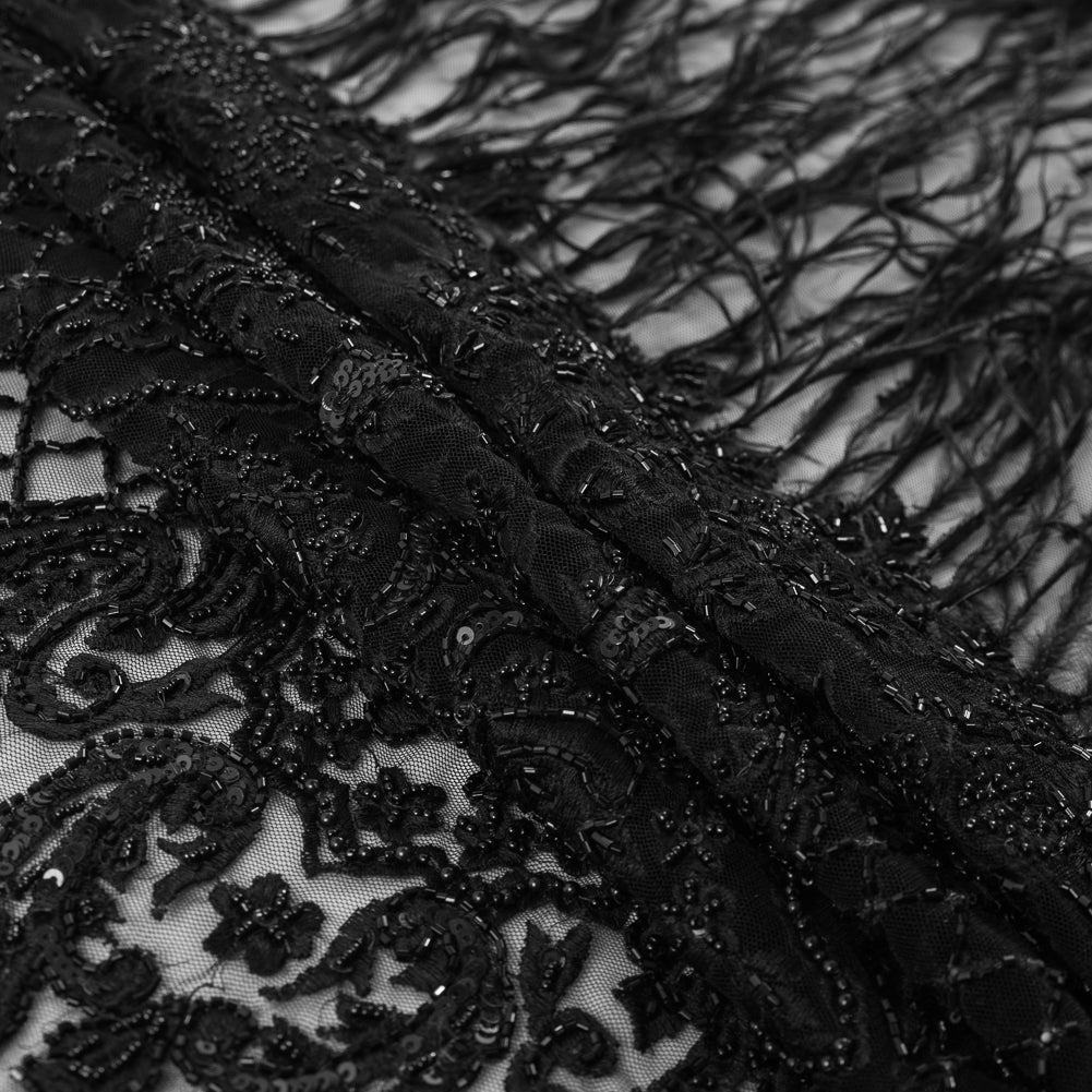 Black Beaded and Embroidered Tulle with Feathers Folded Black Beaded and Embroidered Tulle with Feathers Folded