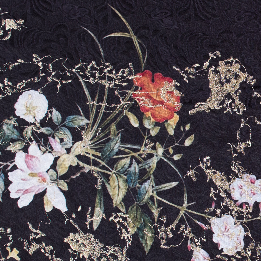 Floral Digitally Printed Butterfly Jacquard with Gold Metallic Embroidery Floral Digitally Printed Butterfly Jacquard with Gold Metallic Embroidery