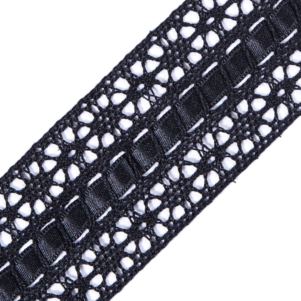 European Black Crochet Trim with Satin Ribbon Detail - 1.5" Detail European Black Crochet Trim with Satin Ribbon Detail - 1.5" Detail