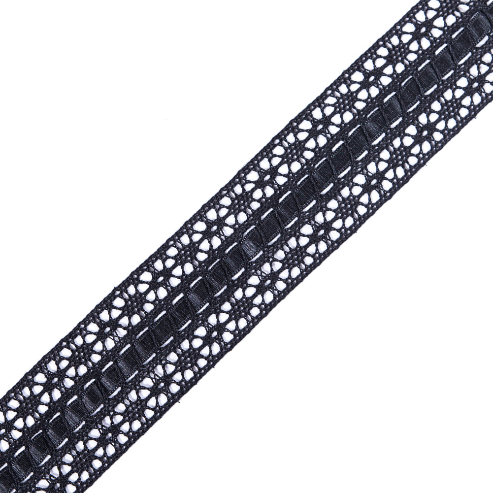 European Black Crochet Trim with Satin Ribbon Detail - 1.5" European Black Crochet Trim with Satin Ribbon Detail - 1.5"