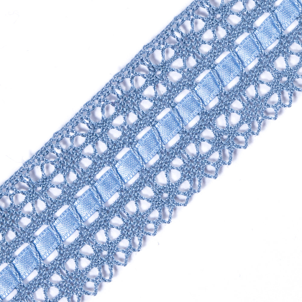 Blue Crochet Trim with Ribbon Detail- 2 - Detail Blue Crochet Trim with Ribbon Detail- 2 - Detail