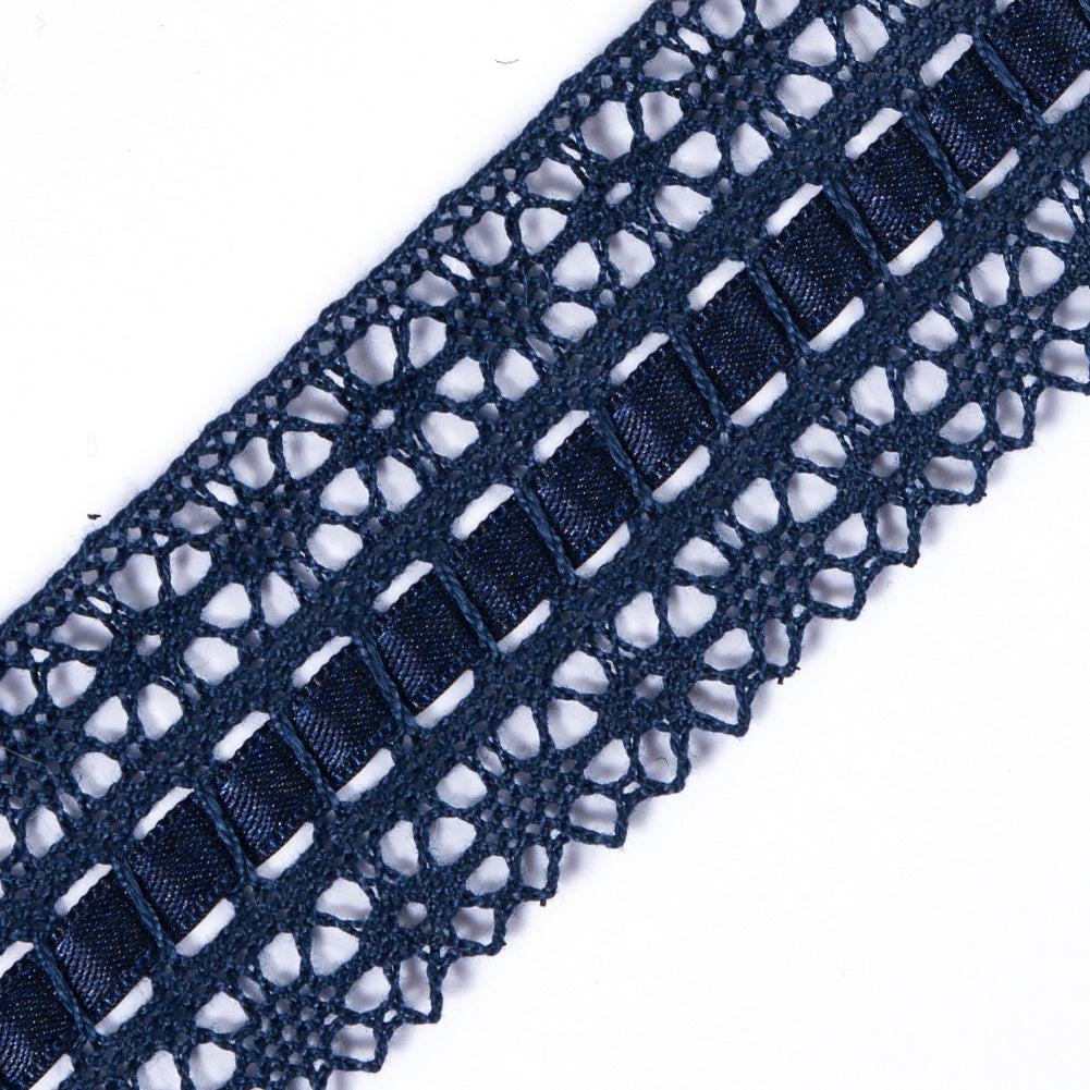 European Navy Scalloped Crochet Trim with Ribbon Detail - 1.5" Detail European Navy Scalloped Crochet Trim with Ribbon Detail - 1.5" Detail