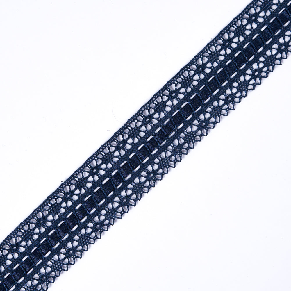 European Navy Scalloped Crochet Trim with Ribbon Detail - 1.5" European Navy Scalloped Crochet Trim with Ribbon Detail - 1.5"