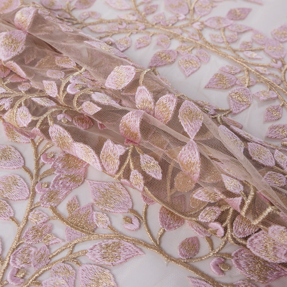 Pink and Metallic Gold Floral Novelty Embroidered Mesh - Detail Pink and Metallic Gold Floral Novelty Embroidered Mesh - Detail