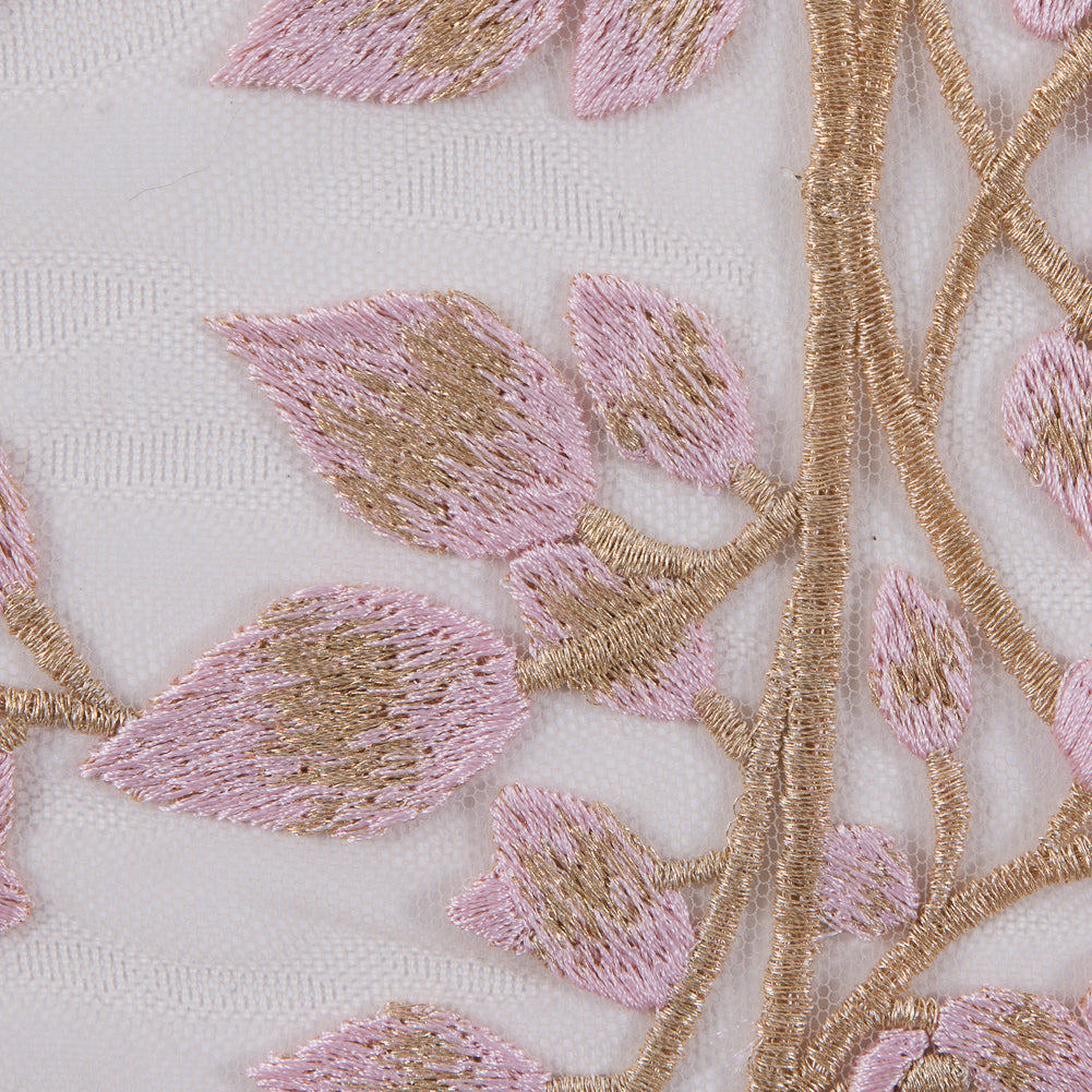 Pink and Metallic Gold Floral Novelty Embroidered Mesh - Full Pink and Metallic Gold Floral Novelty Embroidered Mesh - Full