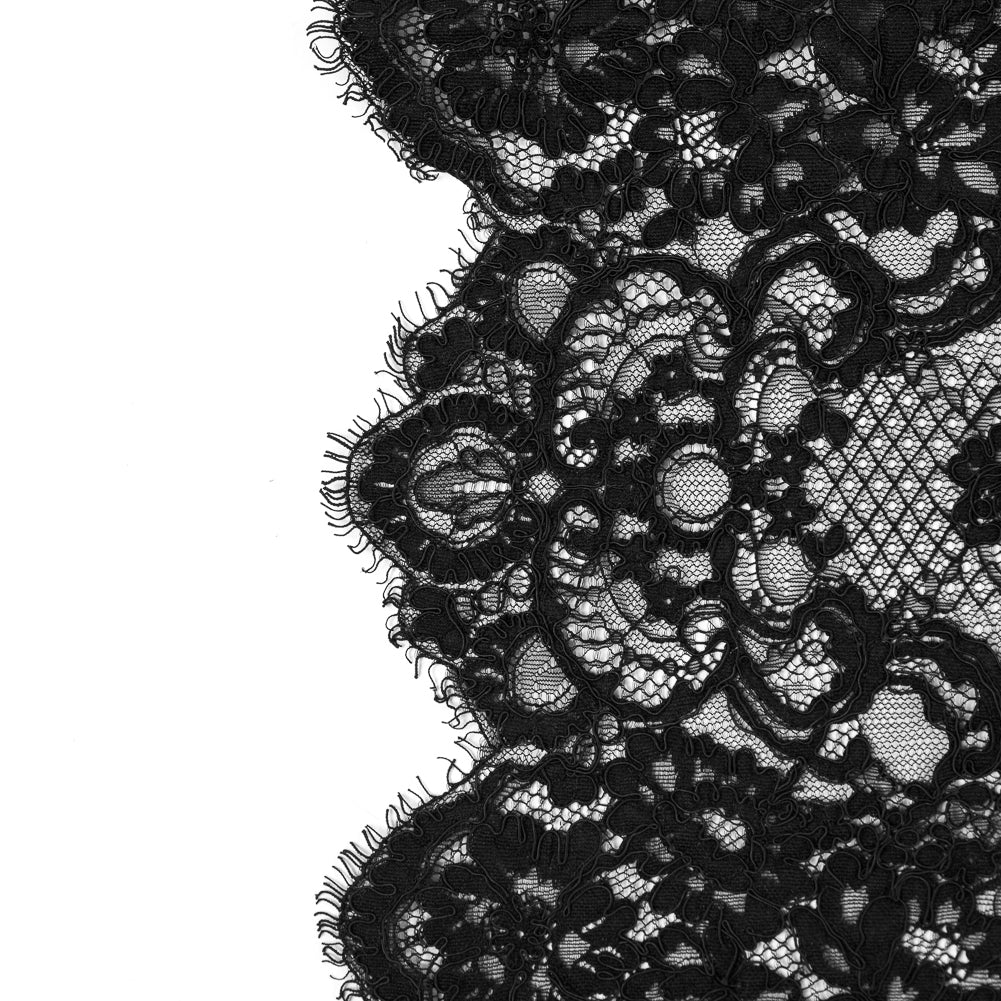 Black Floral Fancy Corded Lace with Scalloped Eyelash Edges Black Floral Fancy Corded Lace with Scalloped Eyelash Edges