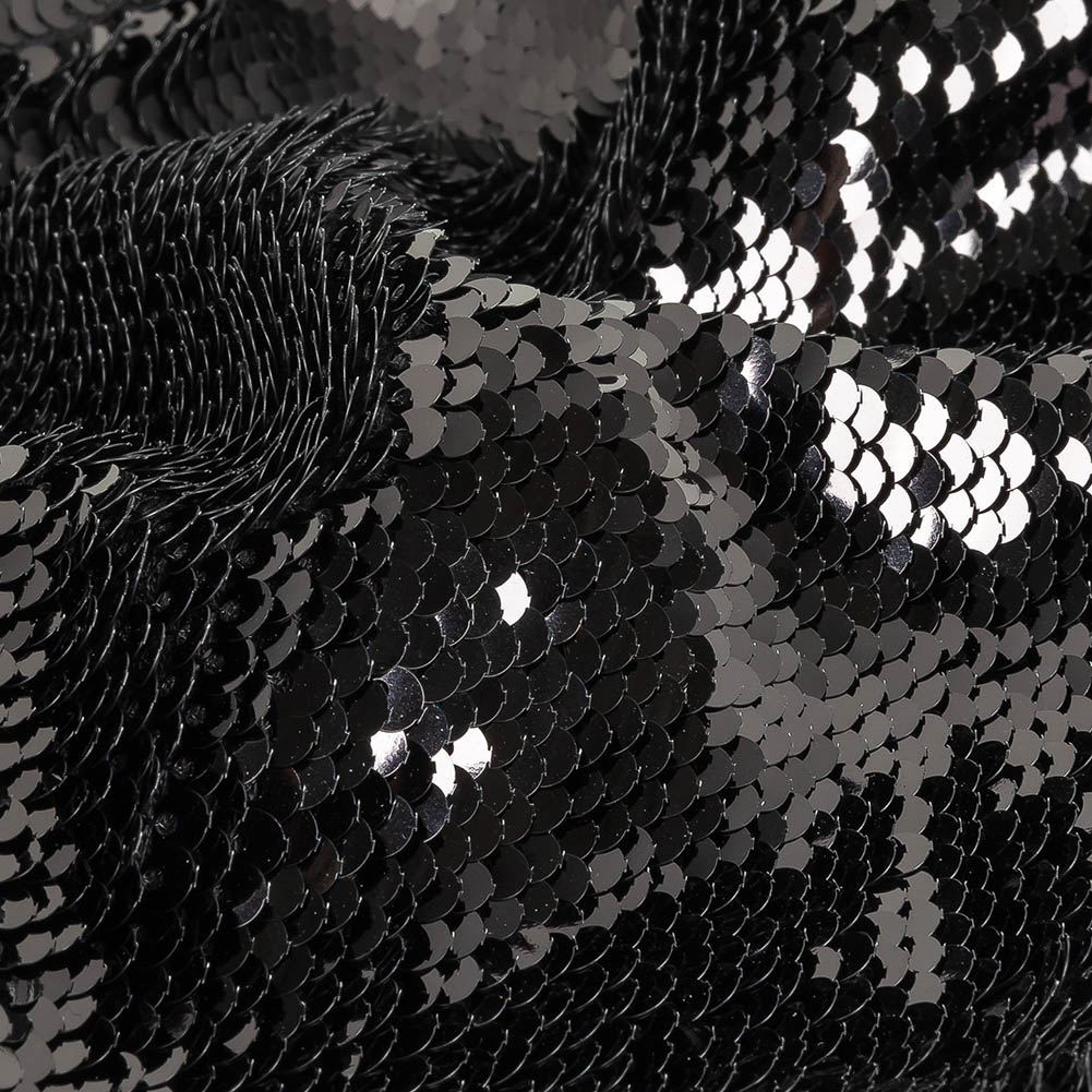 Two-Tone Iced Pewter and Nebulosity Paillette Sequins on Black Rayon Stretch Jersey Backing - Detail Two-Tone Iced Pewter and Nebulosity Paillette Sequins on Black Rayon Stretch Jersey Backing - Detail