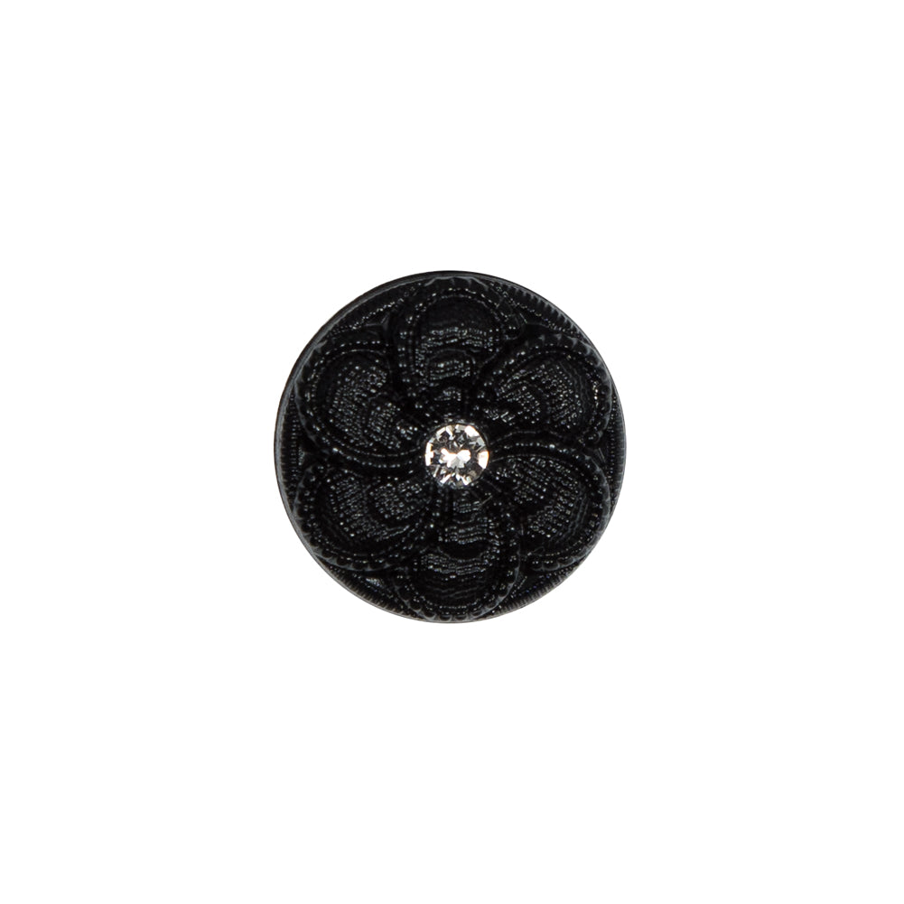 Italian Black Floral Nylon Button with Rhinestone Core - 24L/15mm Italian Black Floral Nylon Button with Rhinestone Core - 24L/15mm