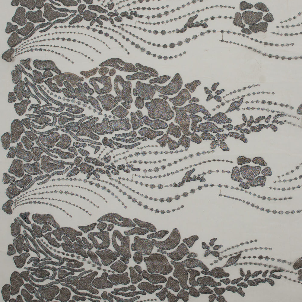 Metallic Silver and Beige Abstract Embroidery on Beige Mesh Metallic Silver and Beige Abstract Embroidery on Beige Mesh