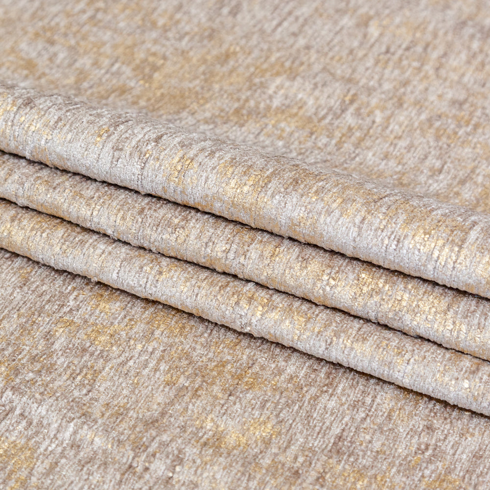 Beige Polyester Chenille with Metallic Gold Foil - Folded Beige Polyester Chenille with Metallic Gold Foil - Folded