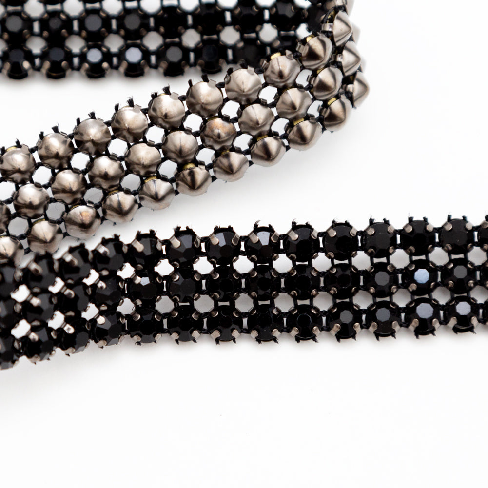 Gunmetal and Jet Black 3-Row Rhinestone Trim - 0.625" Detail Gunmetal and Jet Black 3-Row Rhinestone Trim - 0.625" Detail
