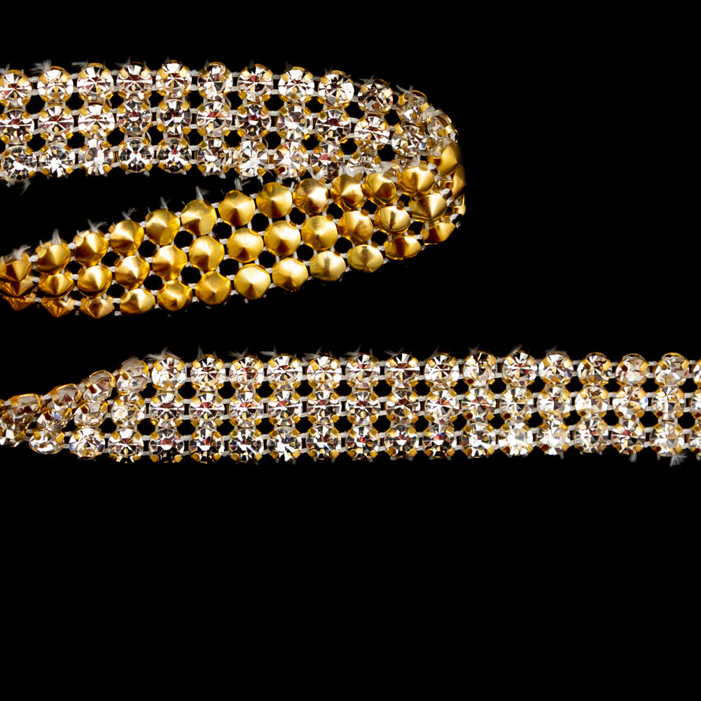 Gold and Crystal 3-Row Rhinestone Trim - 0.625 - Detail Gold and Crystal 3-Row Rhinestone Trim - 0.625 - Detail