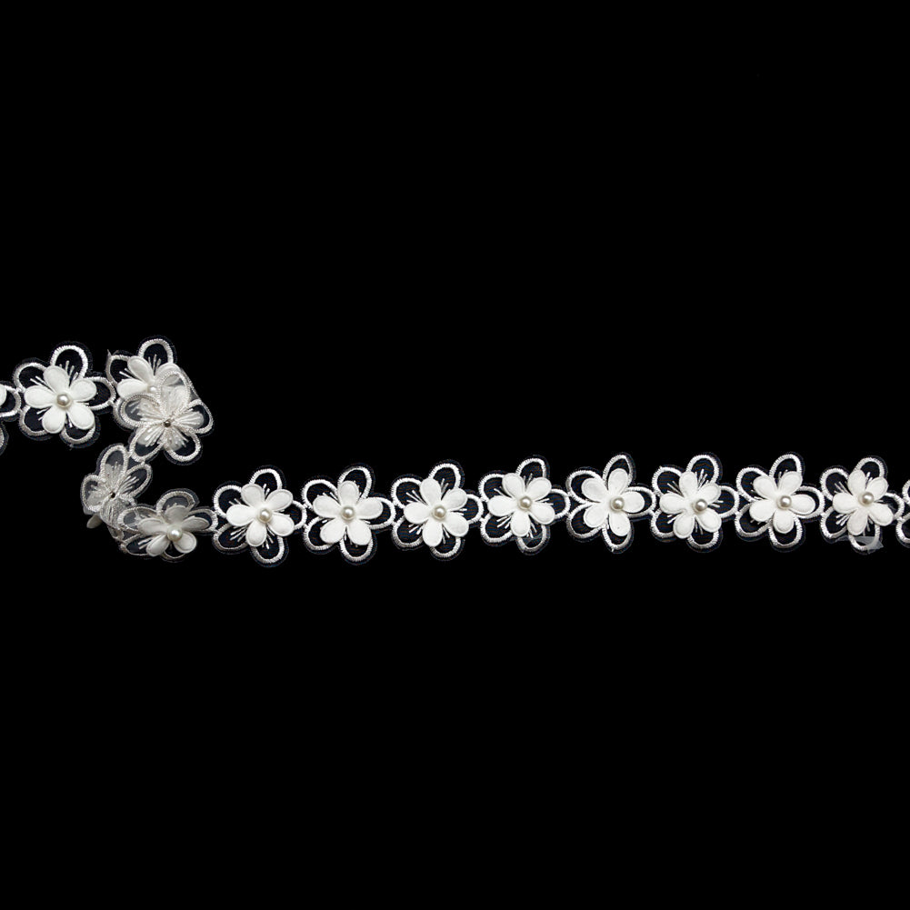 3D Ivory Embroidered Organza Floral Pearl Trim - 1.5 3D Ivory Embroidered Organza Floral Pearl Trim - 1.5