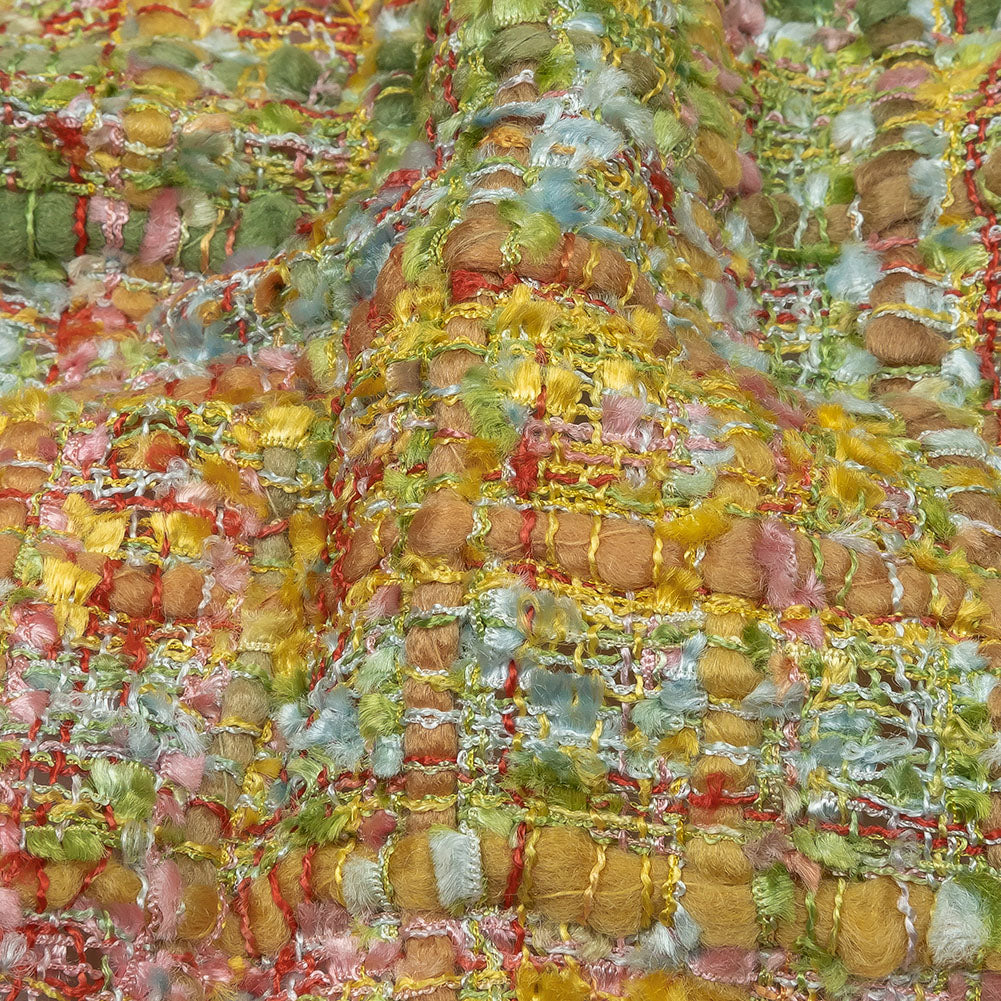 Newcastle Yellow, Olivenite, Minced Herb and Pink Viscose and Acrylic Chenille Tweed - Folded Newcastle Yellow, Olivenite, Minced Herb and Pink Viscose and Acrylic Chenille Tweed - Folded