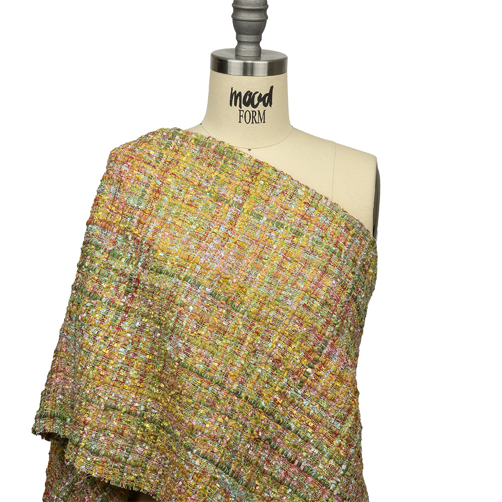 Newcastle Yellow, Olivenite, Minced Herb and Pink Viscose and Acrylic Chenille Tweed - Detail Newcastle Yellow, Olivenite, Minced Herb and Pink Viscose and Acrylic Chenille Tweed - Detail