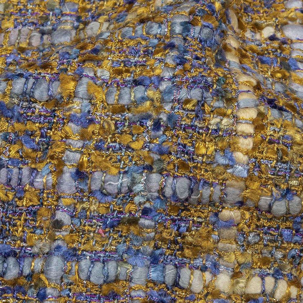 Newcastle Blue and Mustard Metallic Viscose and Acrylic Chenille Tweed - Folded Newcastle Blue and Mustard Metallic Viscose and Acrylic Chenille Tweed - Folded