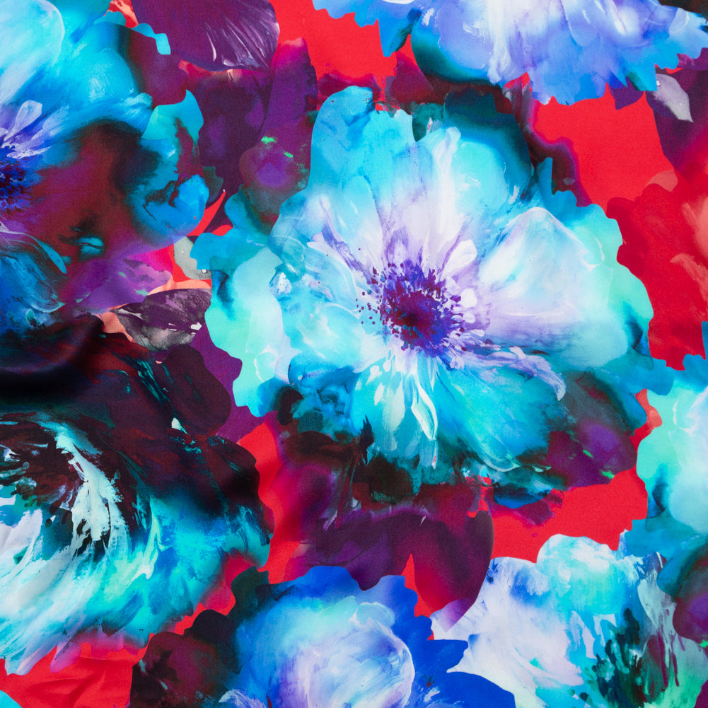Italian Blue Windsor Wine and Purple Painterly Floral Digitally Printed Silk Charmeuse Italian Blue Windsor Wine and Purple Painterly Floral Digitally Printed Silk Charmeuse