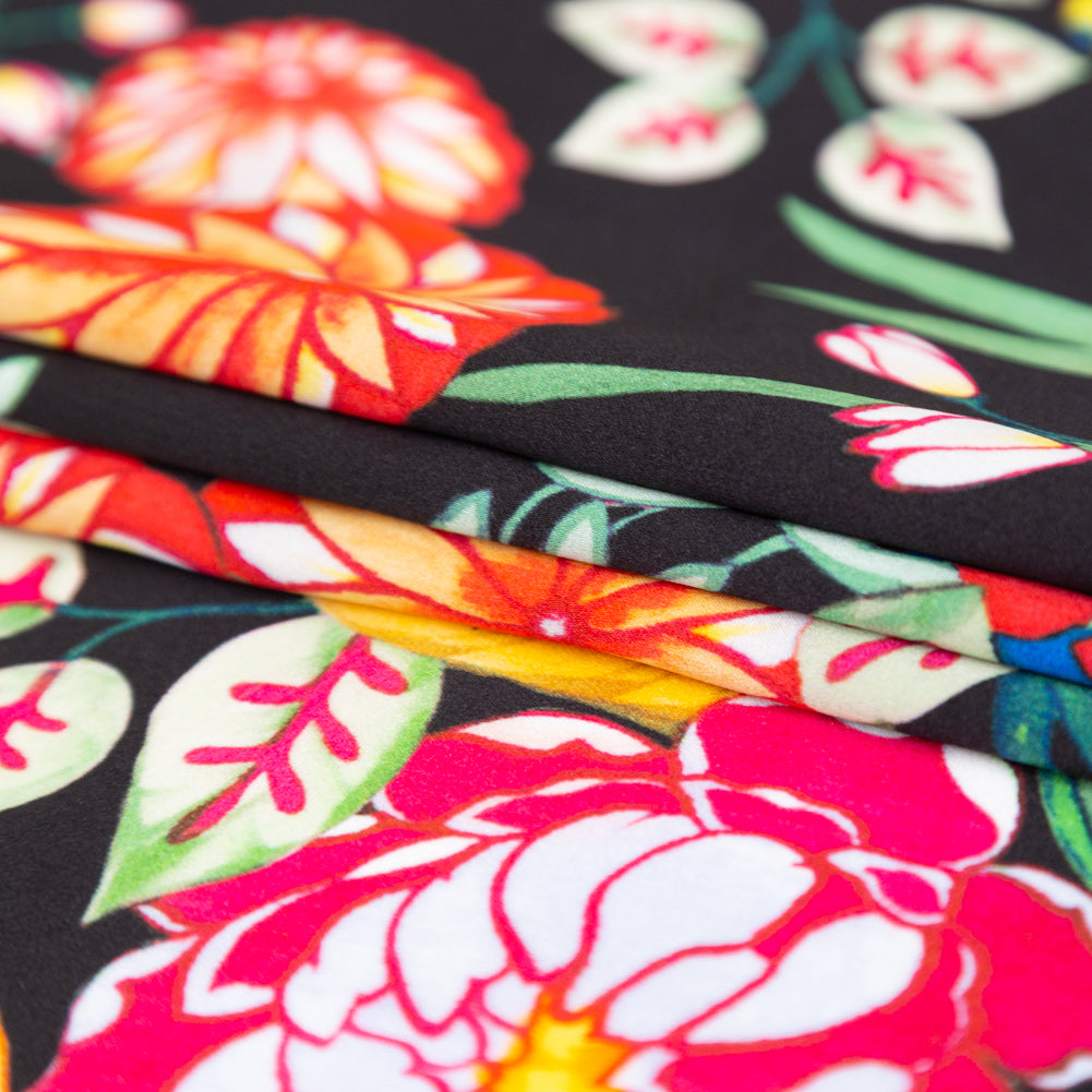 Mood Exclusive Italian Black, Green and Tangerine Floral Digitally Printed Silk Charmeuse Detail Mood Exclusive Italian Black, Green and Tangerine Floral Digitally Printed Silk Charmeuse Detail