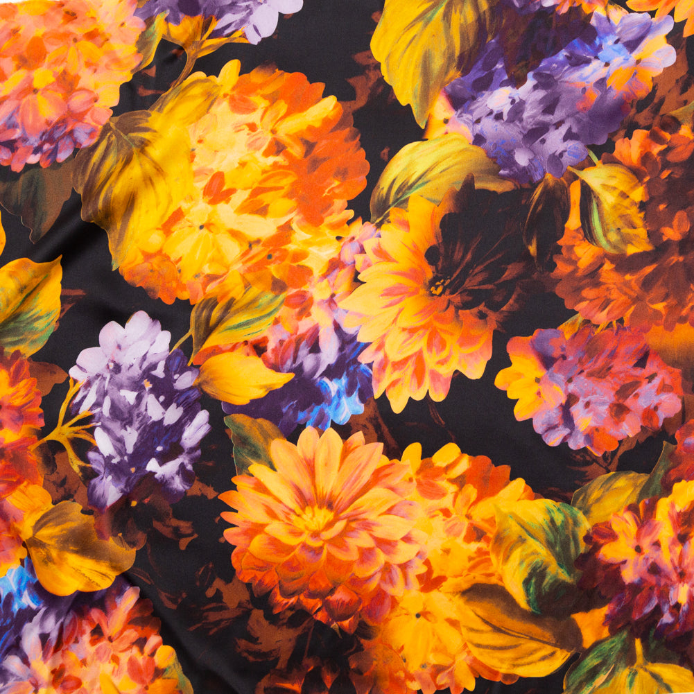 Italian Jaffa Orange, Moss and Grape Royale Painterly Floral Digitally Printed Silk Charmeuse Italian Jaffa Orange, Moss and Grape Royale Painterly Floral Digitally Printed Silk Charmeuse