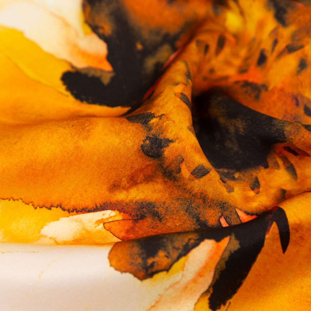 Italian Red, Mustard and Teal Abstract Floral Silk Charmeuse - Detail Italian Red, Mustard and Teal Abstract Floral Silk Charmeuse - Detail