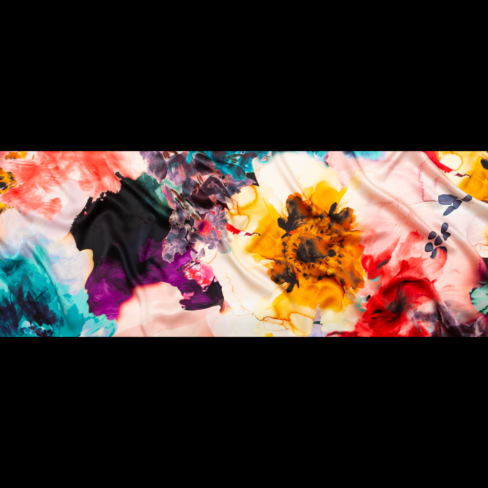 Italian Red, Mustard and Teal Abstract Floral Silk Charmeuse - Full Italian Red, Mustard and Teal Abstract Floral Silk Charmeuse - Full