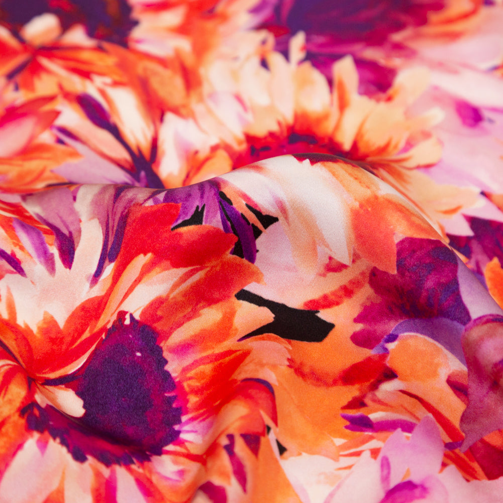 Mood Exclusive Italian Hot Coral and Purple Sunflowers Digitally Printed Silk Charmeuse Full Mood Exclusive Italian Hot Coral and Purple Sunflowers Digitally Printed Silk Charmeuse Full
