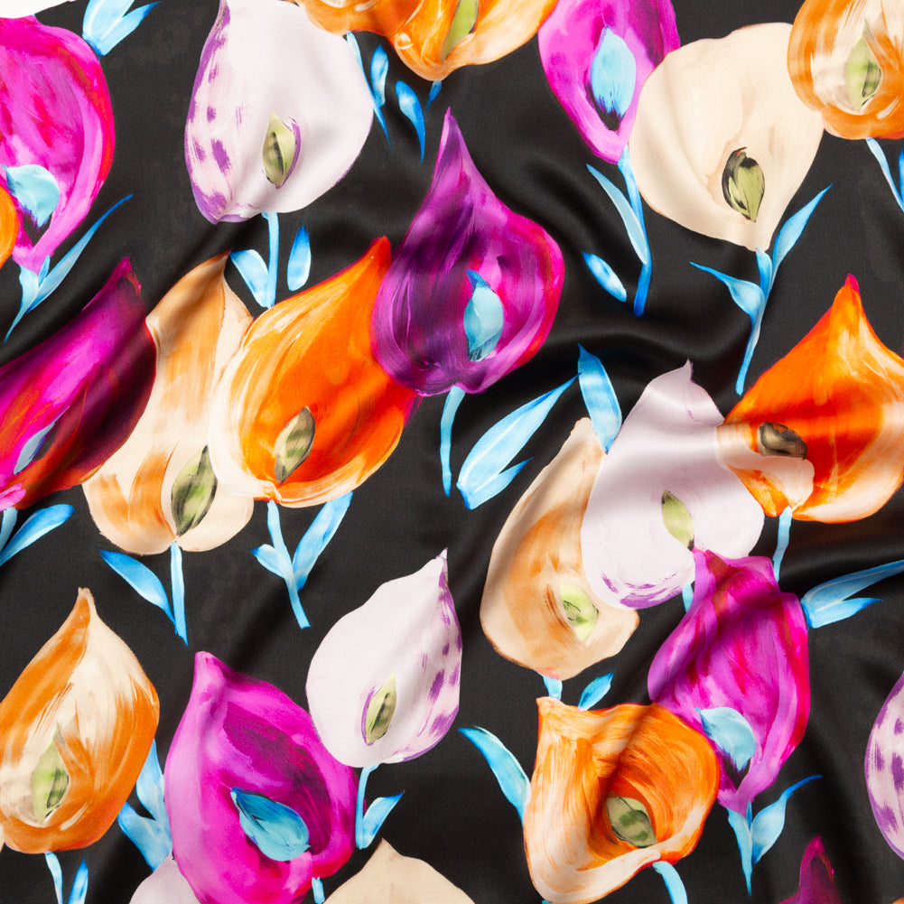 Mood Exclusive Italian Black, Pink and Orange Floral Digitally Printed Silk Charmeuse Mood Exclusive Italian Black, Pink and Orange Floral Digitally Printed Silk Charmeuse