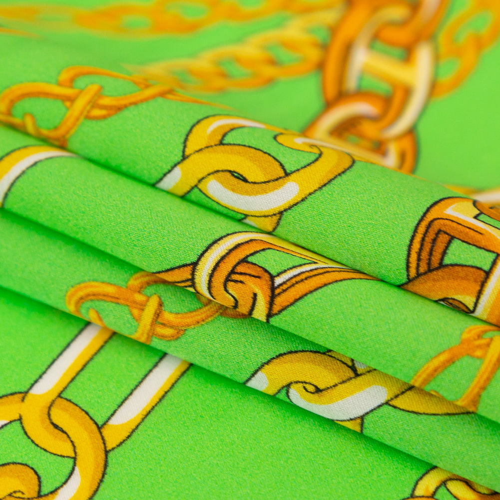 Mood Exclusive Italian Kelly Green and Gold Chains Digitally Printed Silk Charmeuse Folded Mood Exclusive Italian Kelly Green and Gold Chains Digitally Printed Silk Charmeuse Folded