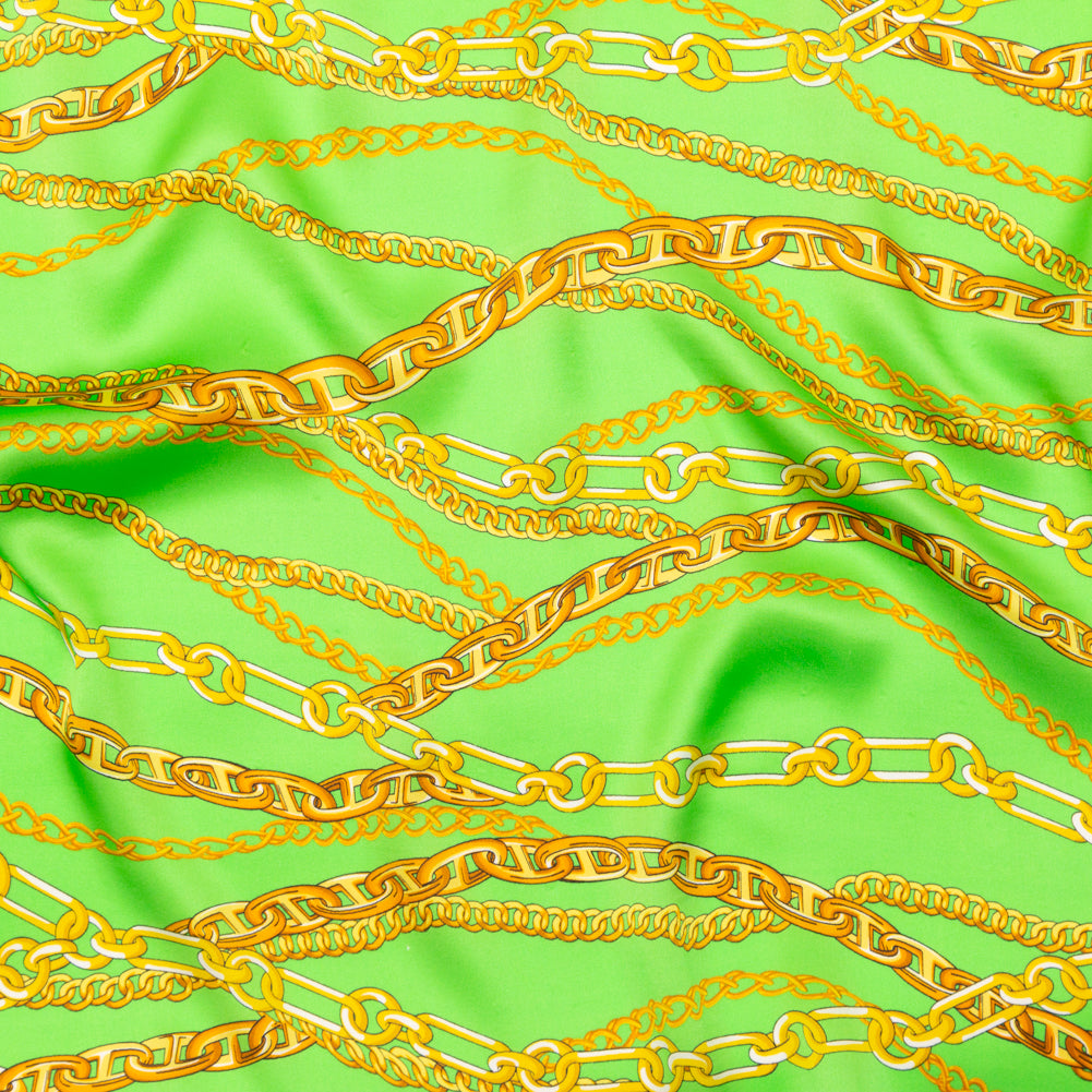 Mood Exclusive Italian Kelly Green and Gold Chains Digitally Printed Silk Charmeuse Mood Exclusive Italian Kelly Green and Gold Chains Digitally Printed Silk Charmeuse