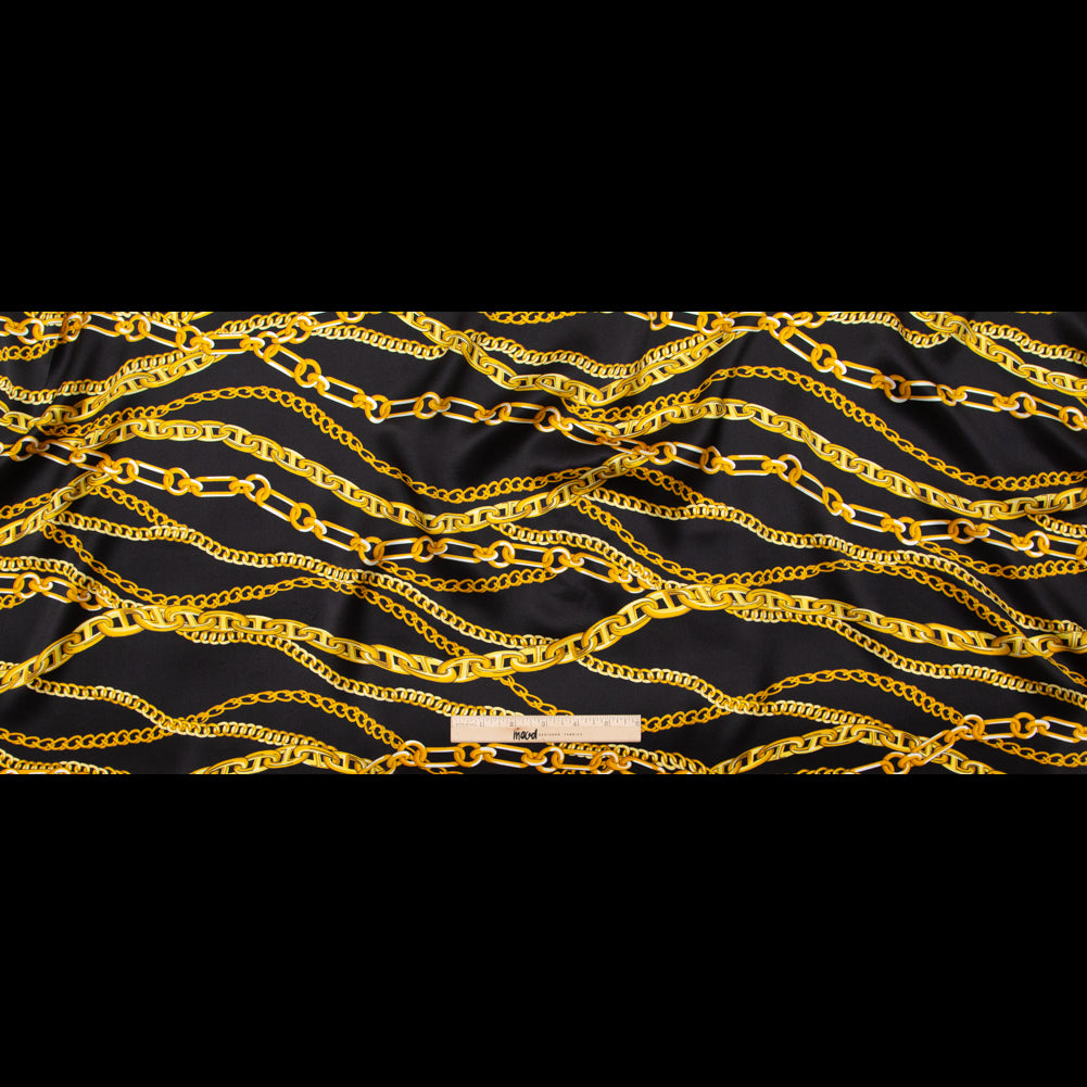 Italian Black Bean and Gold Chains Digitally Printed Silk Charmeuse - Folded Italian Black Bean and Gold Chains Digitally Printed Silk Charmeuse - Folded