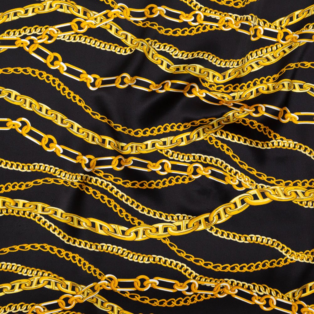 Italian Black Bean and Gold Chains Digitally Printed Silk Charmeuse Italian Black Bean and Gold Chains Digitally Printed Silk Charmeuse