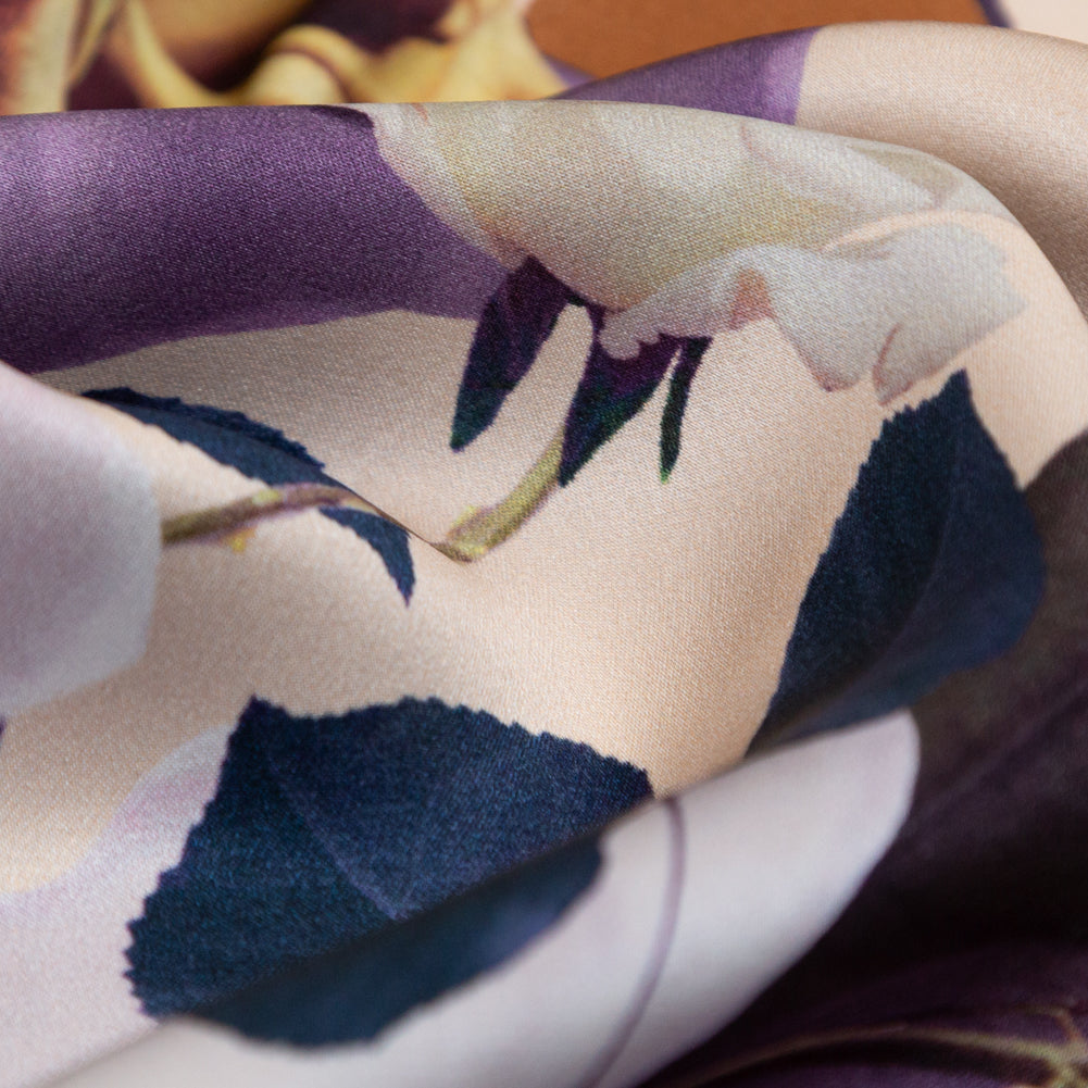 Mood Exclusive Italian Brown, Evening Rose and Mint Floral Border Digitally Printed Silk Charmeuse - Detail Mood Exclusive Italian Brown, Evening Rose and Mint Floral Border Digitally Printed Silk Charmeuse - Detail
