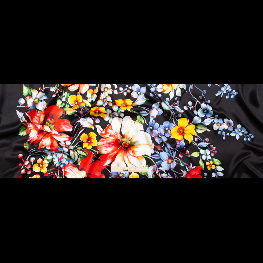 Mood Exclusive Italian Black Silk Charmeuse with Central Digitally Printed Florals Folded Mood Exclusive Italian Black Silk Charmeuse with Central Digitally Printed Florals Folded