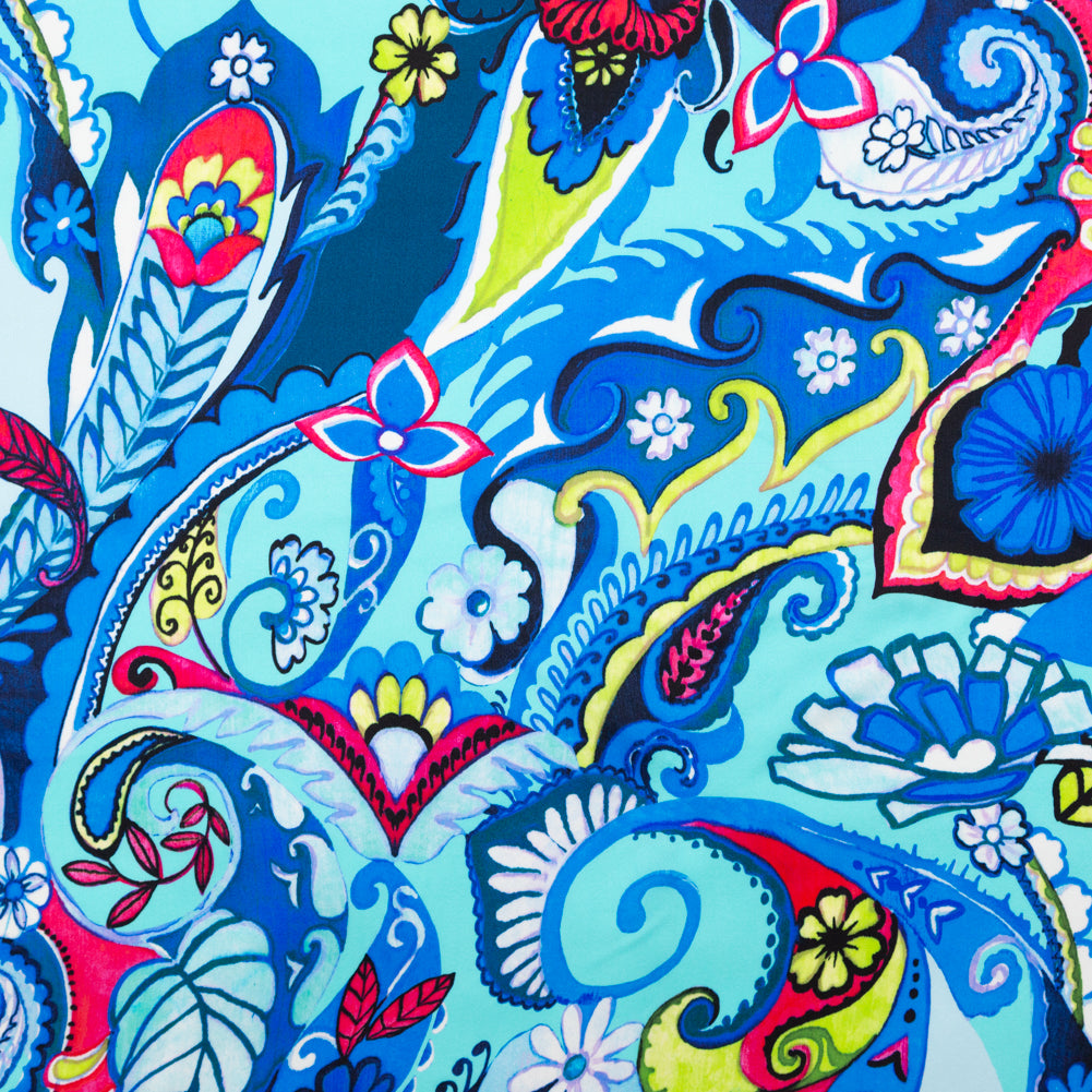 Italian Baleine Blue, Lime and Azalea Pink Paisley Digitally Printed Silk Charmeuse Italian Baleine Blue, Lime and Azalea Pink Paisley Digitally Printed Silk Charmeuse