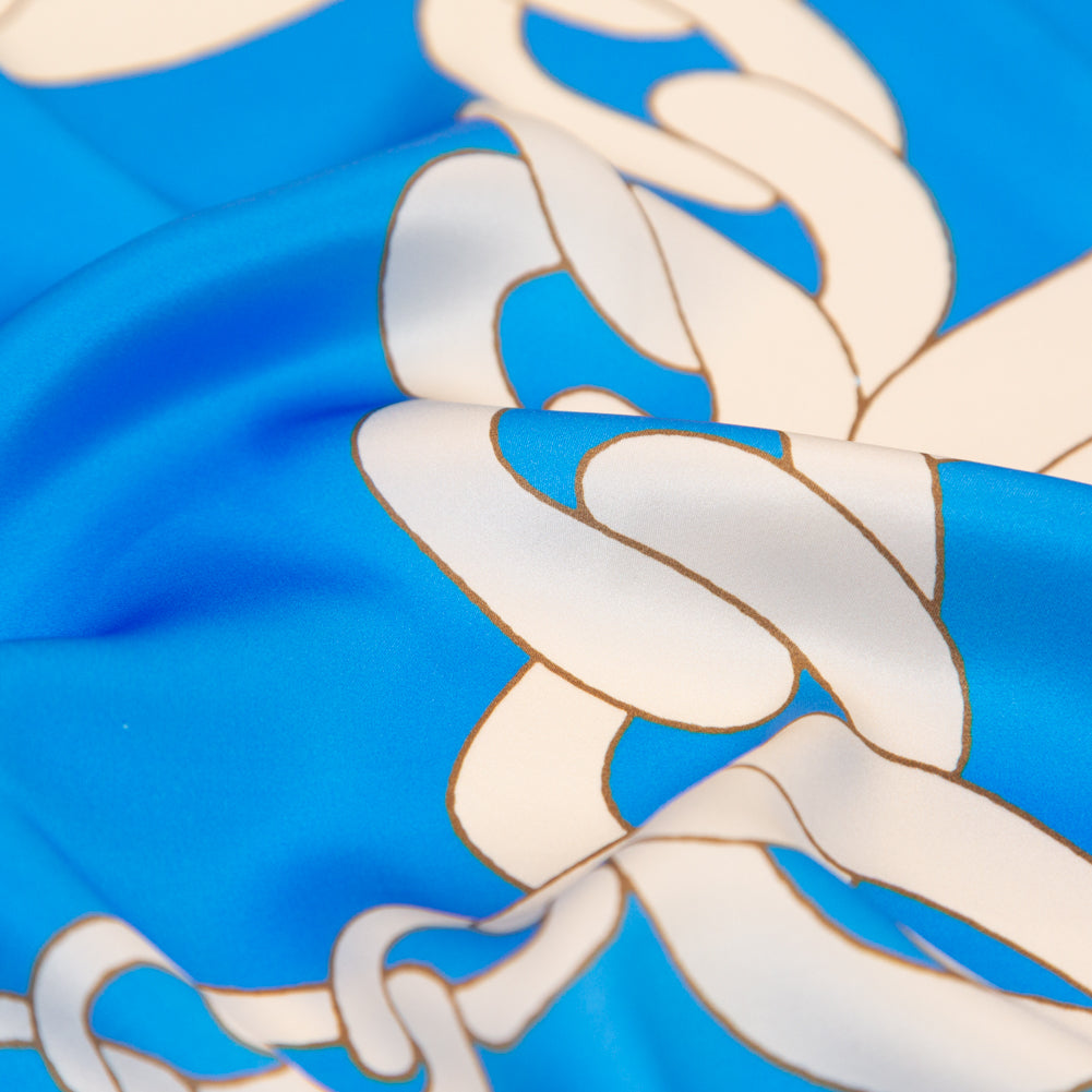 Italian Cerulean Blue and Almond Milk Large Chains Digitally Printed Silk Charmeuse - Detail Italian Cerulean Blue and Almond Milk Large Chains Digitally Printed Silk Charmeuse - Detail