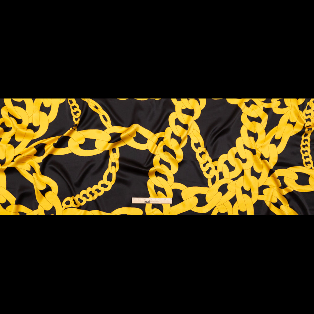 Mood Exclusive Italian Black and Gold Large Chains Digitally Printed Silk Charmeuse Folded Mood Exclusive Italian Black and Gold Large Chains Digitally Printed Silk Charmeuse Folded