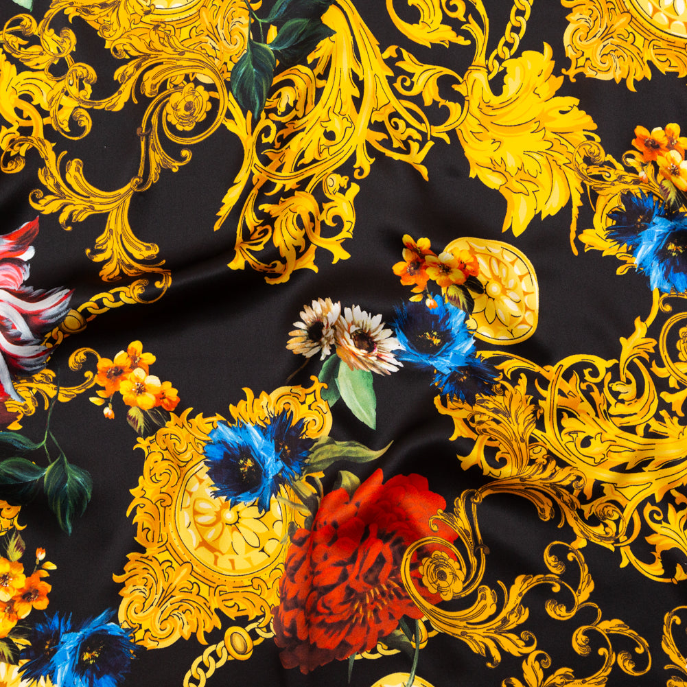 Mood Exclusive Italian Black and Gold Ornate Floral Digitally Printed Silk Charmeuse Mood Exclusive Italian Black and Gold Ornate Floral Digitally Printed Silk Charmeuse