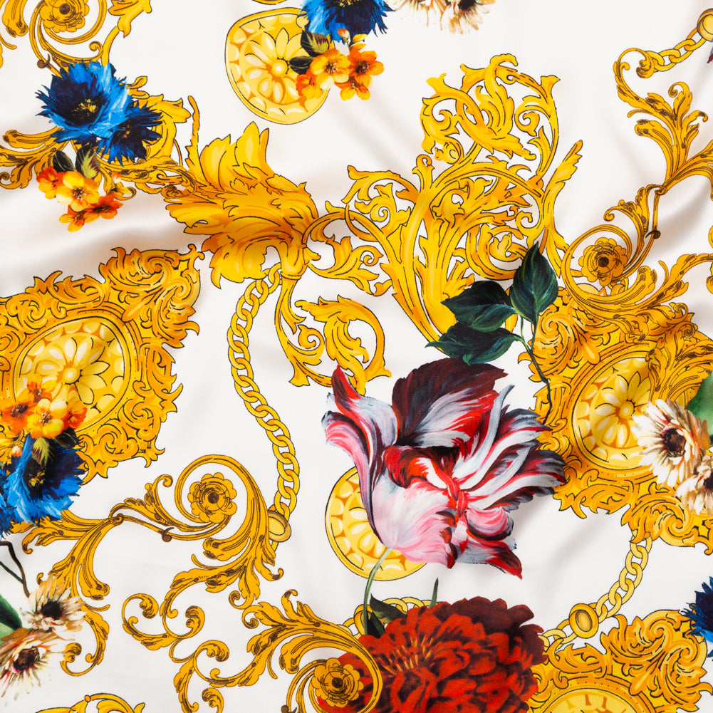 Italian White and Gold Ornate Floral Digitally Printed Silk Charmeuse Italian White and Gold Ornate Floral Digitally Printed Silk Charmeuse