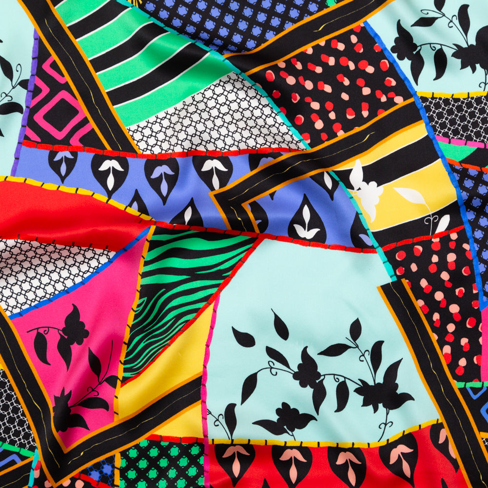 Italian Multicolor Patchwork Pattern Play Digitally Printed Silk Charmeuse Italian Multicolor Patchwork Pattern Play Digitally Printed Silk Charmeuse