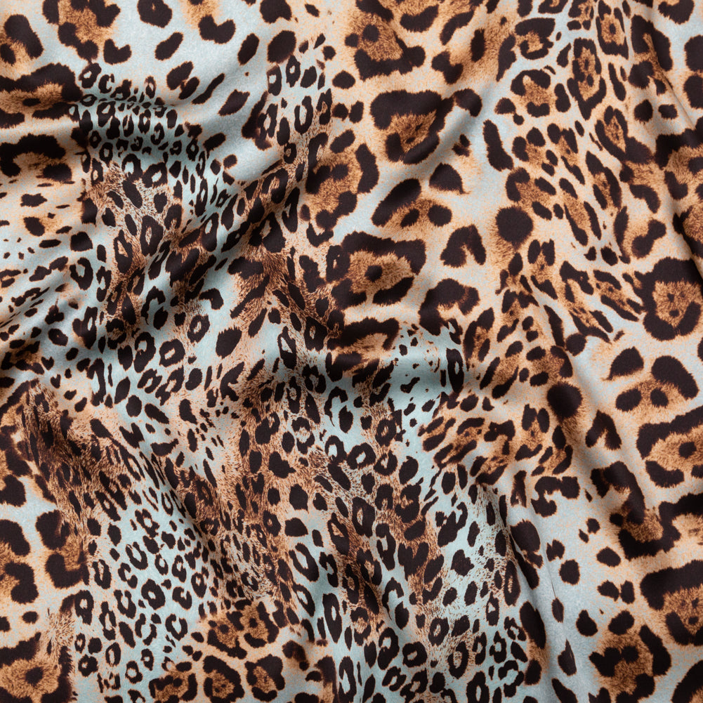 Italian Aqua and Brown Jaguar Digitally Printed Silk Charmeuse Italian Aqua and Brown Jaguar Digitally Printed Silk Charmeuse