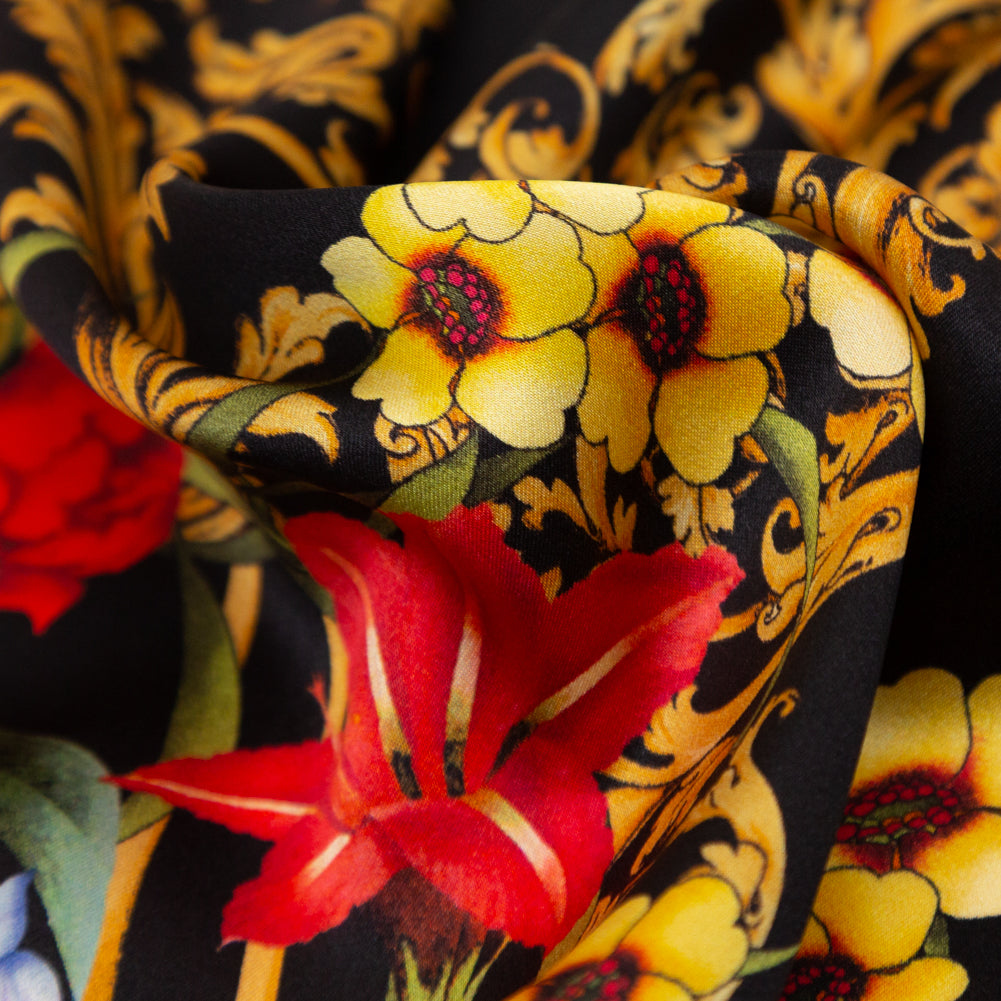 Mood Exclusive Italian Black, Faded Rose and Harvest Gold Ornate Floral Digitally Printed Silk Charmeuse Full Mood Exclusive Italian Black, Faded Rose and Harvest Gold Ornate Floral Digitally Printed Silk Charmeuse Full