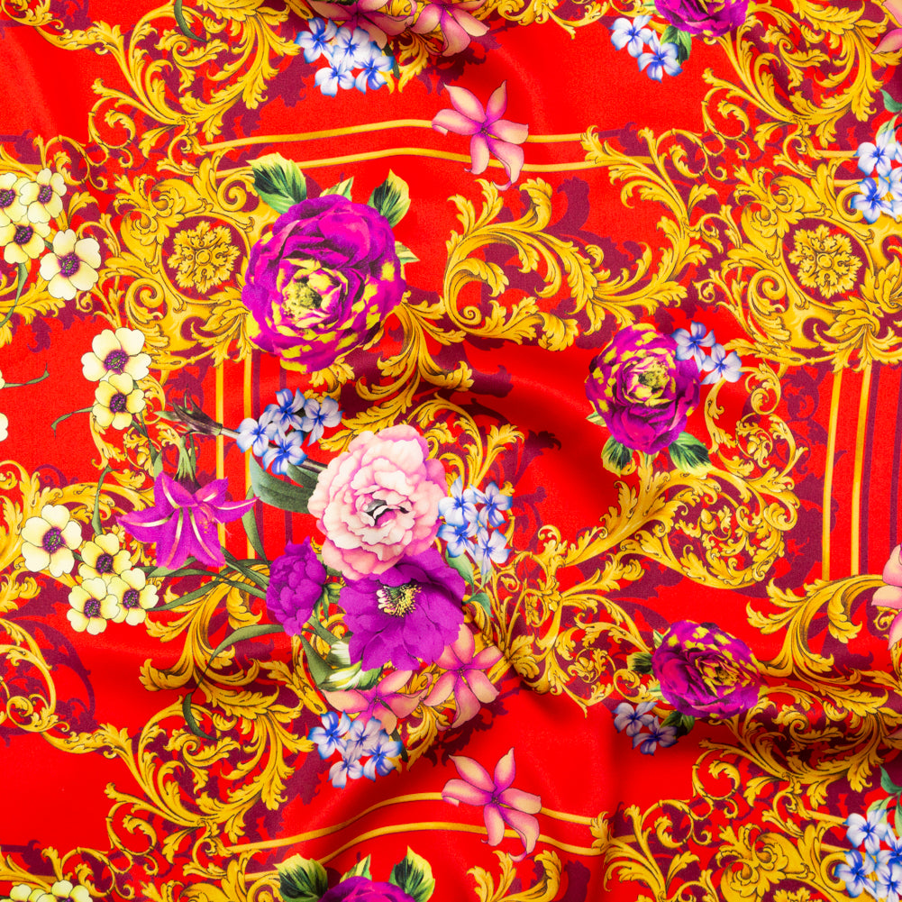 Italian Red, Gold and Purple Ornate Floral Digitally Printed Silk Charmeuse Italian Red, Gold and Purple Ornate Floral Digitally Printed Silk Charmeuse