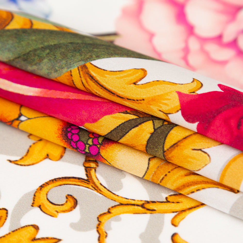 Mood Exclusive Italian White, Blush and Gold Ornate Floral Digitally Printed Silk Charmeuse Detail Mood Exclusive Italian White, Blush and Gold Ornate Floral Digitally Printed Silk Charmeuse Detail