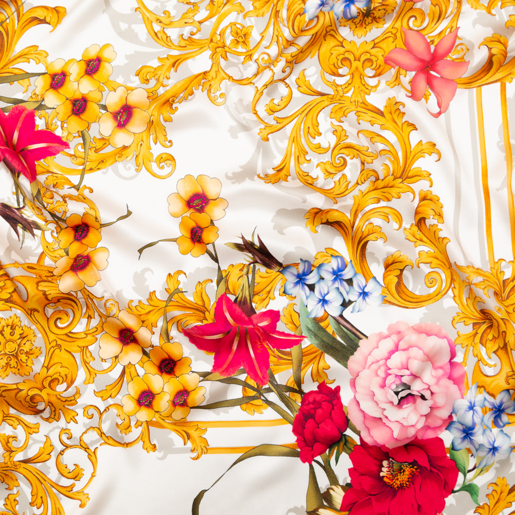 Mood Exclusive Italian White, Blush and Gold Ornate Floral Digitally Printed Silk Charmeuse Mood Exclusive Italian White, Blush and Gold Ornate Floral Digitally Printed Silk Charmeuse